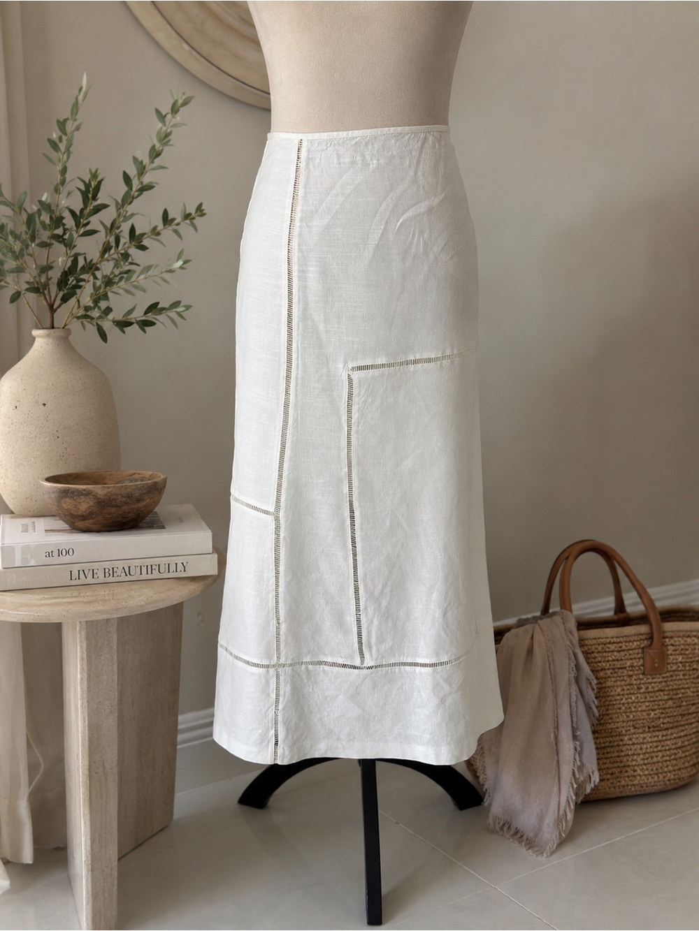 Cult Gaia Candice Off White Linen Blend Ladder Trim Midi Skirt Size S